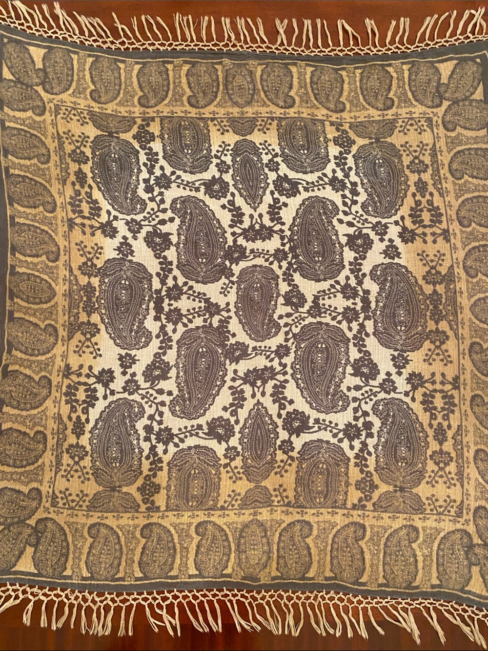Elegant Paisley Floral Scarf in Tan & Gray